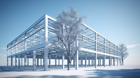 有树和蓝天的金属和钢铁工业建筑 3D 渲染
