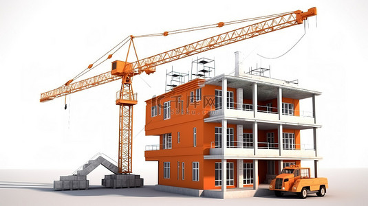 用起重机建造房屋的令人惊叹的 3D 渲染图