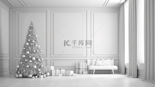 圣诞树 3D 渲染，空白白皮书靠在墙上