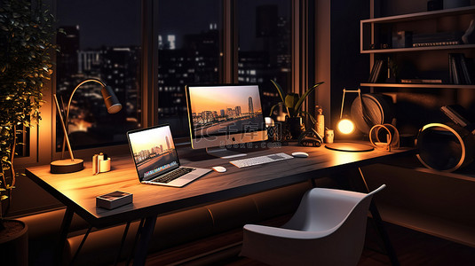 电脑办公桌面背景图片_时尚现代的办公空间，配有夜间平板电脑模型 3D 渲染