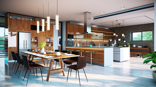 现代厨房设计，带有用餐区和 3D 渲染的家具