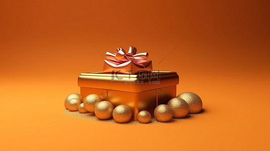 金色背景下圣诞老人帽子和礼品盒的节日 3D 渲染，非常适合圣诞节和新年庆祝活动