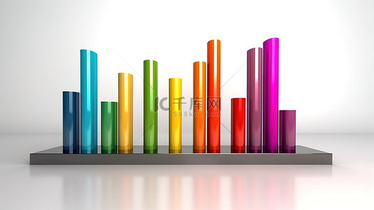 柱形数据图表背景图片_白色背景 3D 渲染信息图表，展示带有箭头和纸张元素的彩色柱平面图表