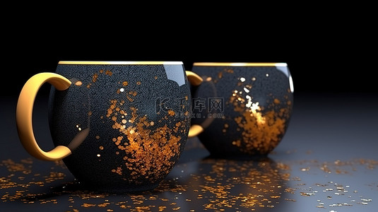 黑色背景上带有彩色薄片的时尚金属咖啡杯令人惊叹的 3D 渲染特写镜头