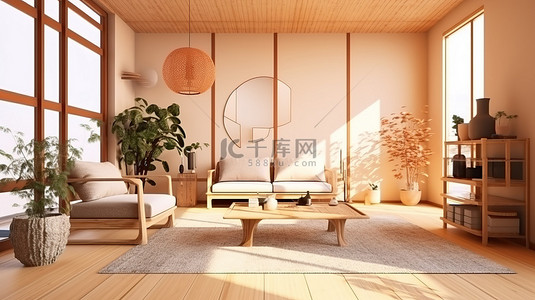 阳光明媚的日本风格客厅，拥有现代室内设计和照明3d 渲染