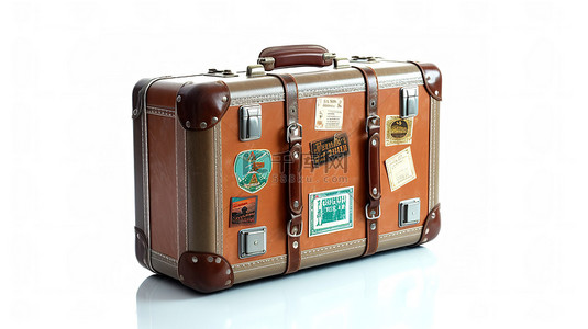 贴纸特效背景图片_复古棕色皮革手提箱，饰有旅行贴纸金属角和白色背景上的皮带，采用 3D 渲染技术创建