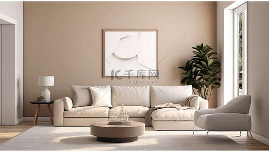 斯堪的纳维亚风格 3D 插图舒适的现代客厅，配有浅棕色色调的海报框架模型