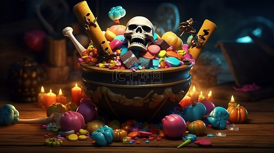 万圣节女巫大锅骨头头骨和彩色糖果的怪异乐趣 3D 渲染