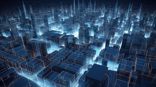 大科技数据背景图片_通过现代城市景观的 3D 动态图形可视化智能城市概念
