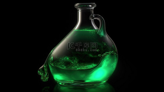 带有绿色液体的透明烧瓶被 3d 渲染的实验室烧瓶倒入