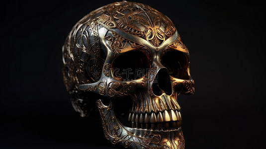 古钱币装饰元素背景图片_万圣节装饰装饰品 3D 渲染头骨或骷髅头插图