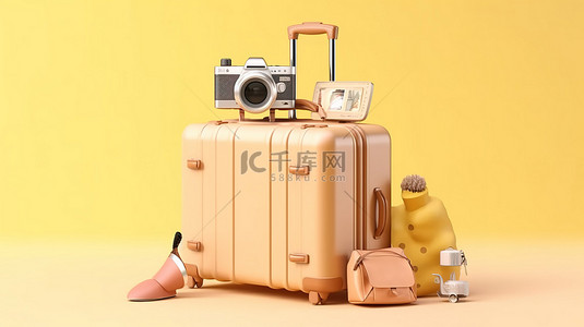 旅行者的必需品装在手提箱中，背景为柔和的黄色 3D 渲染图像
