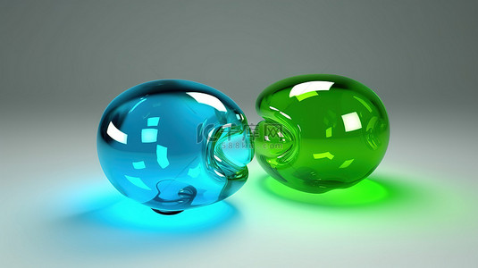 3D 渲染绿色和蓝色气泡聊天的插图