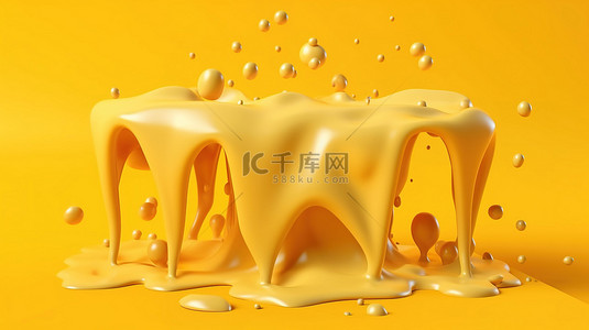 美食背景黄色背景图片_丰富的奶油奶酪酱滴在 3d 呈现的黄色背景上