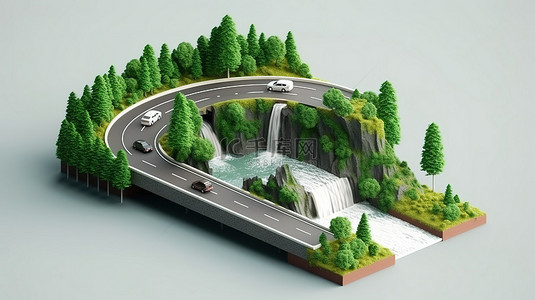 水之道背景图片_令人惊叹的 3D 等距视图，显示一条风景优美的飞行道路，位于翠绿的森林和层叠的瀑布之间，背景是一条孤立的高速公路