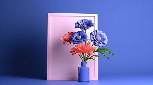 孤立的相框和花朵在 3D 可视化的富丽堂皇的蓝色背景下的植物群中