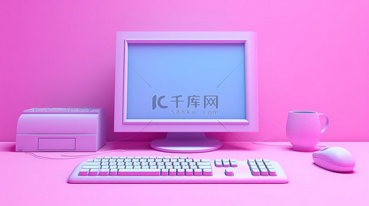 带有蓝色电脑显示器键盘鼠标和粉红色 3D 背景的在线流媒体