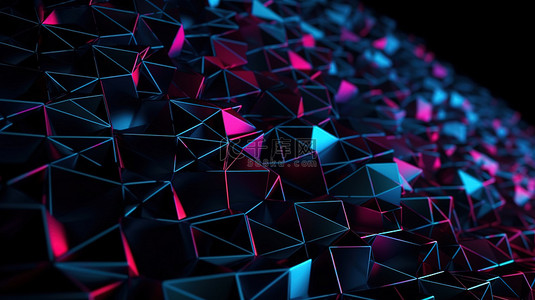 霓虹粉色和蓝色多边形网格创建抽象模糊背景 3D 渲染