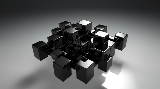 黑色浮动几何形状的 3D 渲染