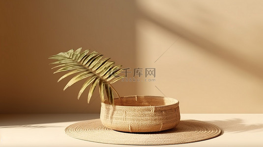 柳条篮讲台的 3D 渲染，展示带有棕榈阴影背景的天然化妆品