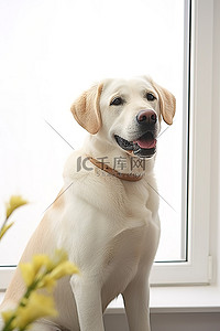 白色背景中坐在窗户旁边的黄领拉布拉多猎犬