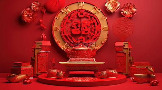 新年灯笼金色背景图片_各种中国新年装饰品装饰着 3D 渲染的讲台