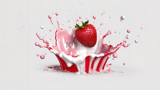 草莓酸奶飞溅在白色背景 3D 渲染