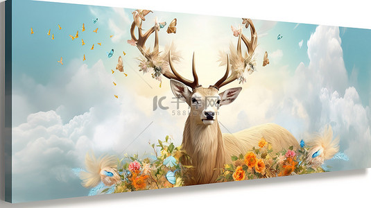 太阳水彩背景图片_多彩多姿的羽毛和云 3D 帆布墙艺术与金鹿和太阳