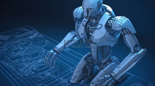 蓝色背景上带有刻度的 3d 渲染中的机器人或机器人蓝图