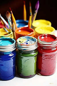 油画刷子背景图片_用刷子在罐子里涂上各种颜色的油漆