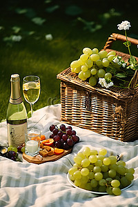 破土绽放的小草背景图片_野餐摊包括酿酒葡萄和篮子