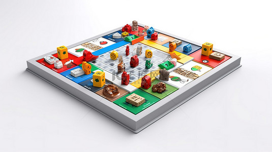 白色背景 3D 渲染上的可打印家庭卢多棋盘游戏设计