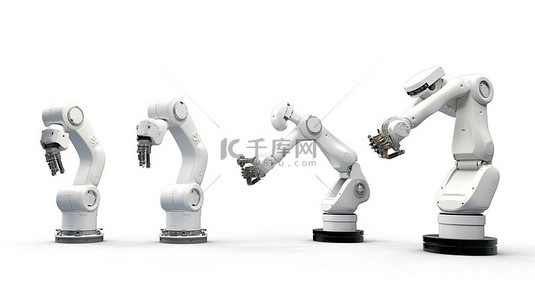 白色背景展示了 3D 渲染中的各种工业机器人