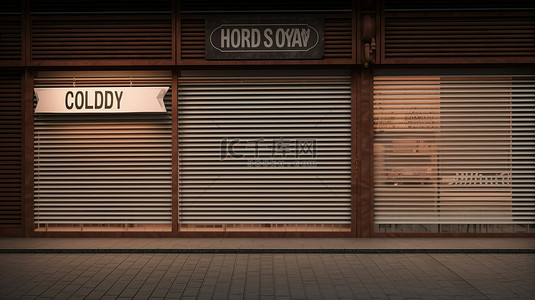 关闭的商店 3D 渲染，带有关闭的百叶窗和道歉标志