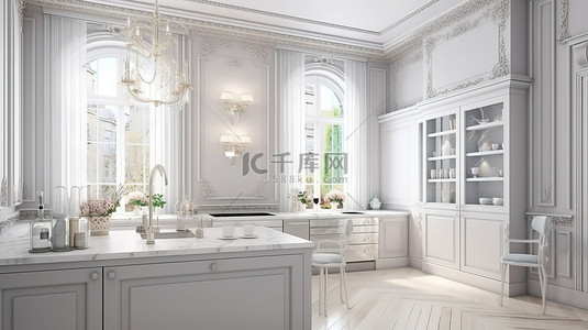 古典窗户背景图片_以内置电器和大窗户为特色的古典风格豪华白色厨房的 3d 渲染