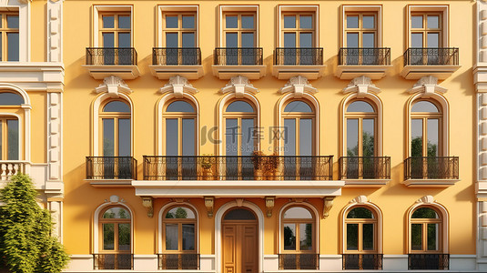 经典三层住宅的 3D 渲染，正面带有装饰性假窗