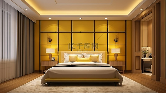 酒店内配有电视的豪华黄色卧室套房的华丽 3D 渲染
