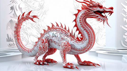 红色图形背景图片_令人着迷的 3D 艺术品，具有充满活力的红色部落图案，包含白色东方龙剪影