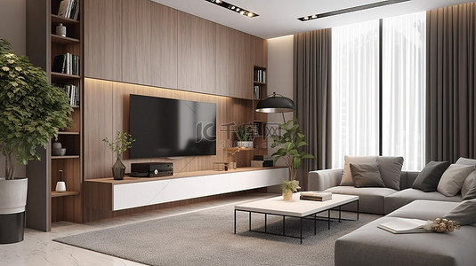 现代客厅配有智能电视柜和 d cor 3D 渲染视图