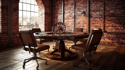 游游戏背景图片_经典赌场环境中带椅子和砖墙的轮盘赌桌的 3d 渲染