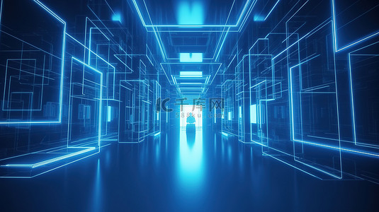 未来派建筑 3D 渲染中的蓝色霓虹灯照明室内房间用于设计项目