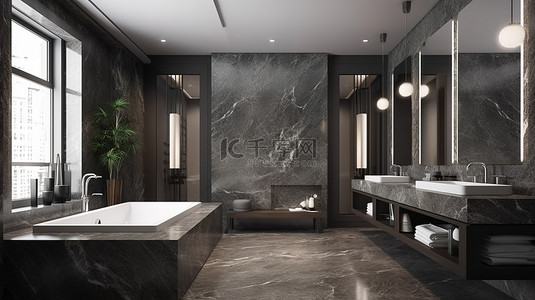 3d 渲染室内设计，豪华酒店浴室显示灰石浴缸和双洗脸盆