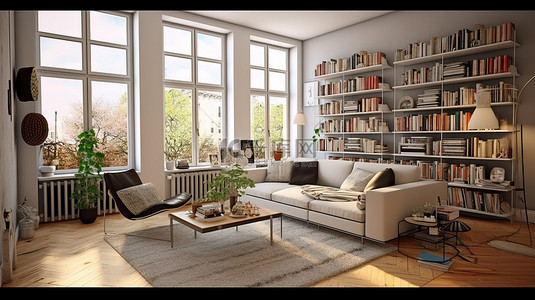 带有 3D 渲染宜家家具的客厅的创新概念