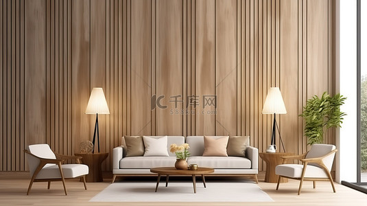 酒店室内设计背景图片_具有垂直木质图案墙壁装饰的当代客厅的 3D 渲染