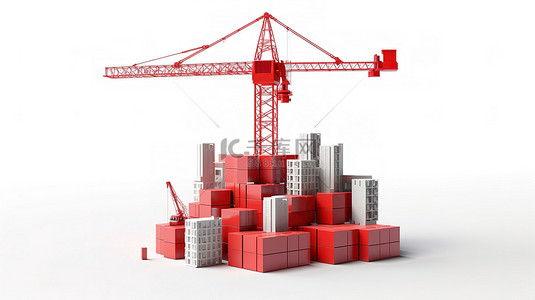 在 3D 渲染的白色背景上构建业务战略塔式起重机和红色计划立方体