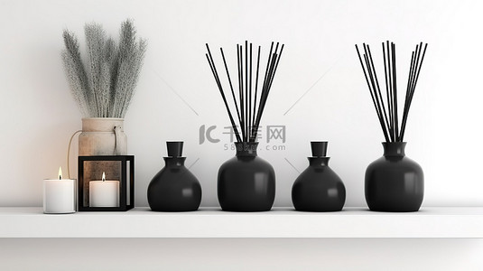 禅泉背景图片_时尚的木架子上展示着黑色香薰蜡烛和香薰芦苇扩散器，靠在白墙上，非常适合家庭芳香疗法3D 渲染