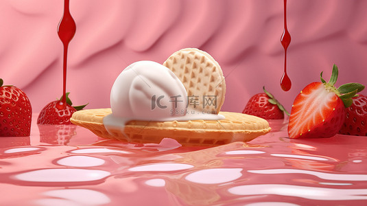 晶圆背景与 3D 渲染融化的草莓和香草冰淇淋