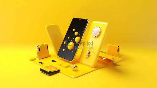 黄色背景智能手机，带有 3D 通知图标，渲染最新的智能小工具技术