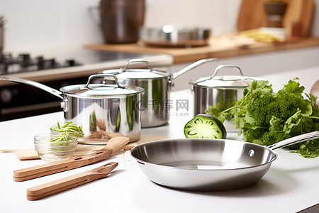 勺子勺子背景图片_厨房锅具，配有两个平底锅和两碗食物