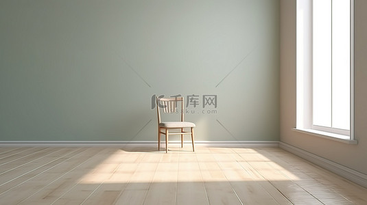 1 宽敞房间的内部 3D 渲染，配有一把单独的椅子